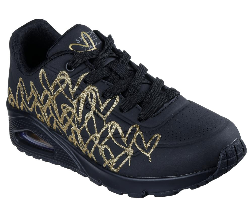 Women Skechers JGoldcrown: Uno - Golden Heart Lace Up Shoes Black / Gold  USA |  2374-OJSQN