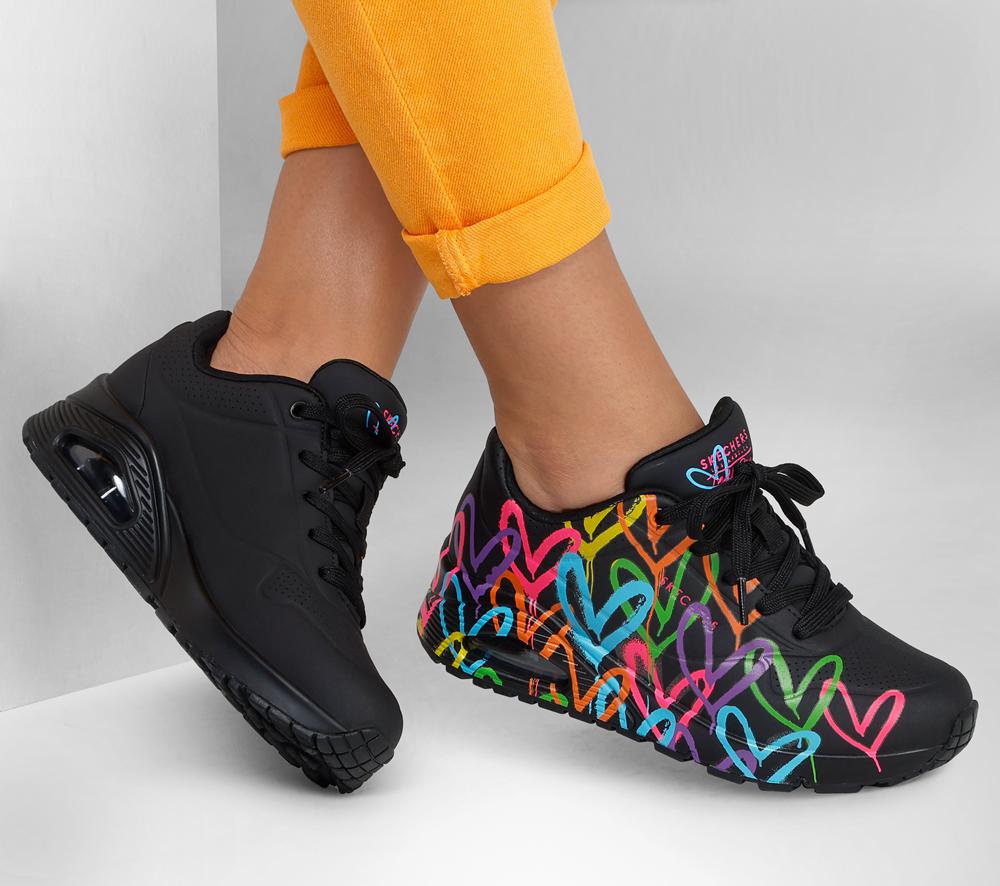 Women Skechers JGoldcrown: Uno - Highlight Love Lace Up Shoes Black / Multicolor  USA |  9230-FDTHS