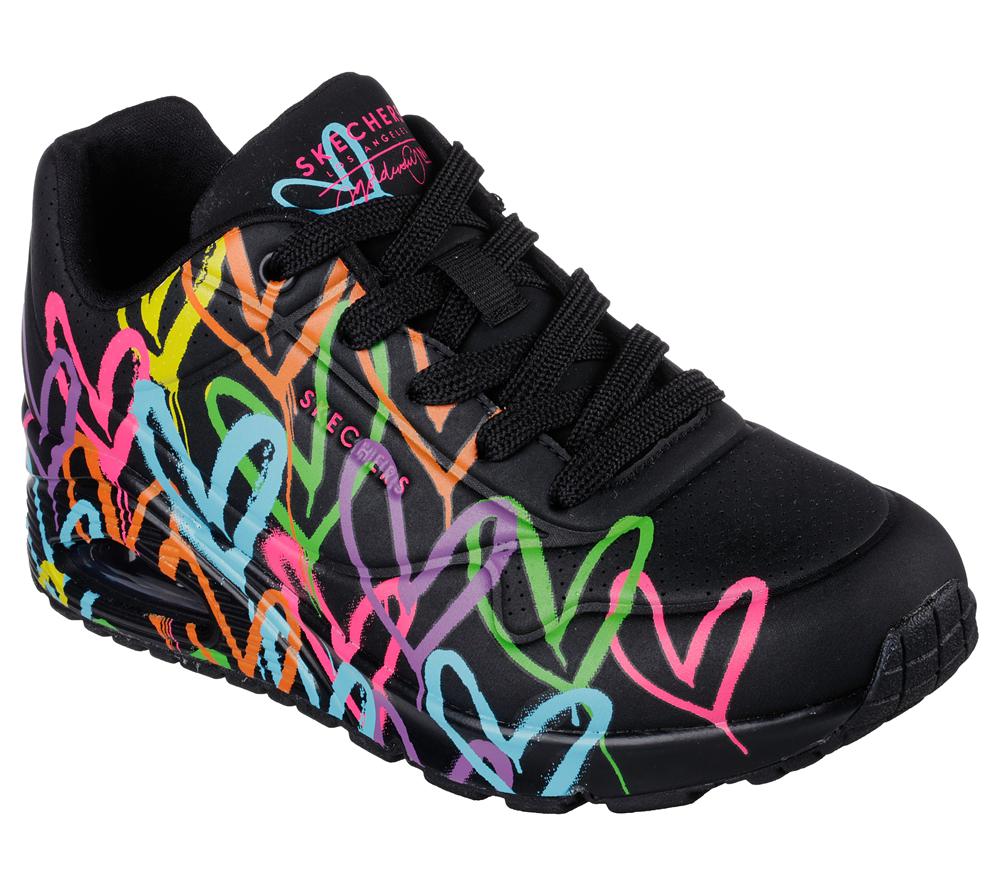 Women Skechers JGoldcrown: Uno - Highlight Love Lace Up Shoes Black / Multicolor  USA |  9230-FDTHS
