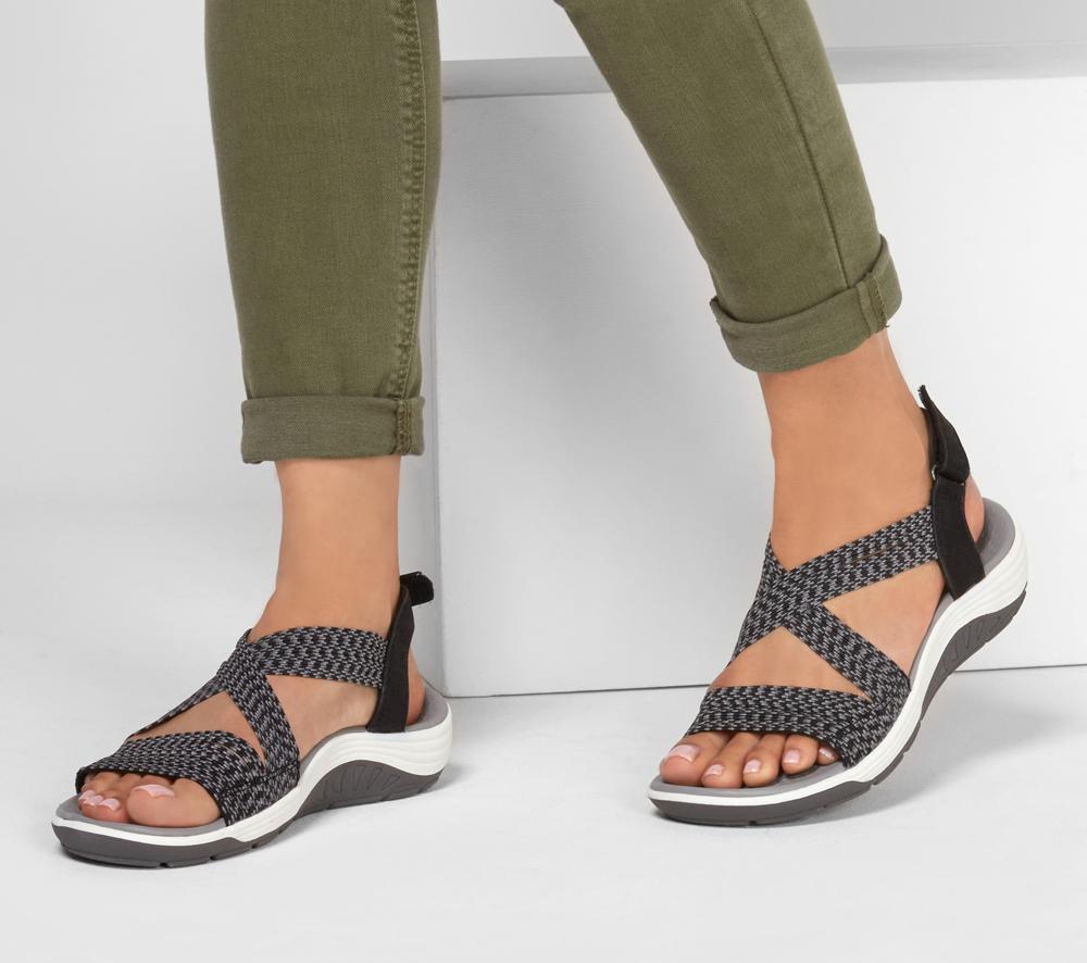 Women Skechers Reggae Cup - Oh, Snap! Sandals Black  USA |  7943-GXDNL