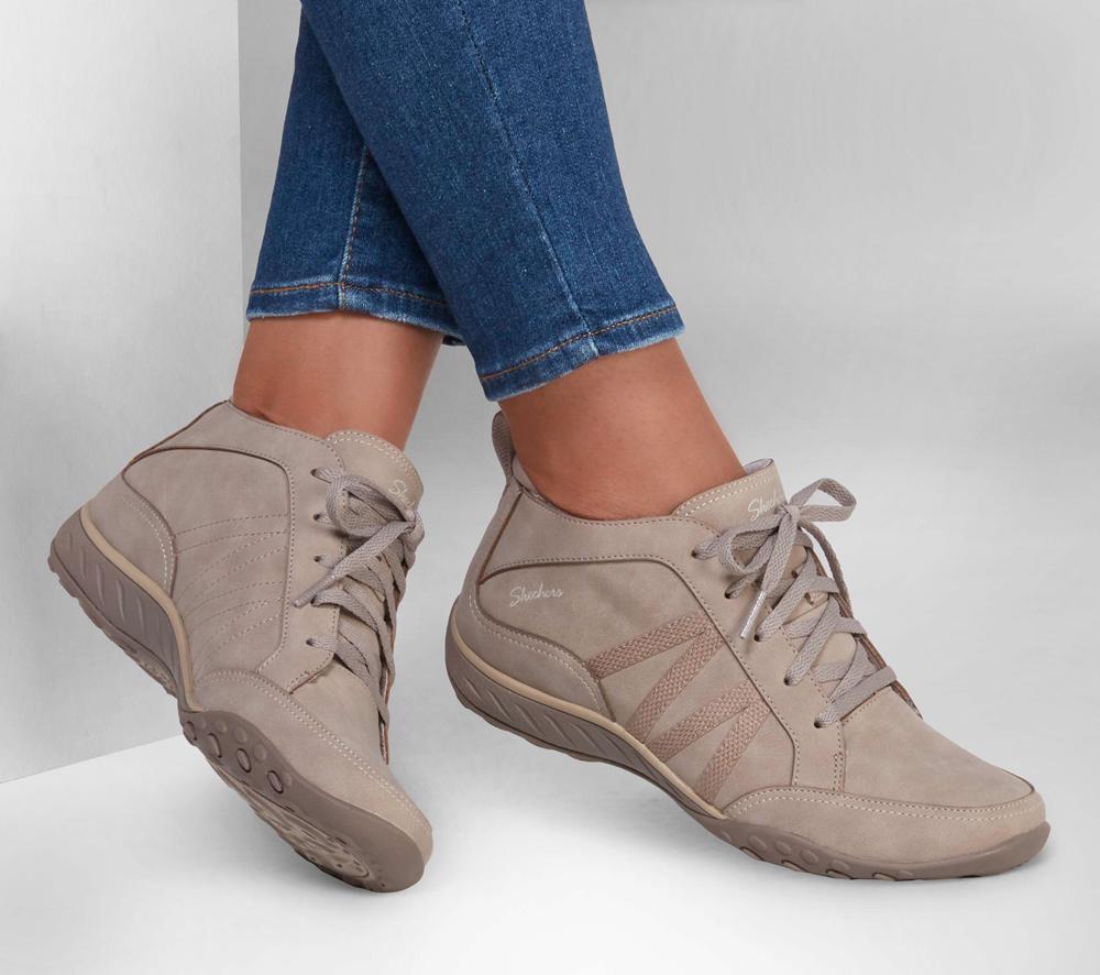 Women Skechers Relaxed Fit: Breathe-Easy - Friendly Ties Boots Taupe Brown  USA |  4531-IKBJA