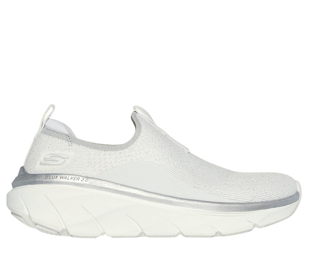 Women Skechers Relaxed Fit: D\'Lux Walker 2.0 - Sparkle Forever Slip On Shoes White / Silver  USA |  3810-SGPQW