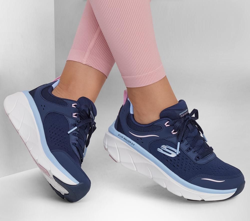 Women Skechers Relaxed Fit: D'Lux Walker 2.0 - Daisy Doll Lace Up Shoes Navy / Pink  USA |  3458-IFPYG