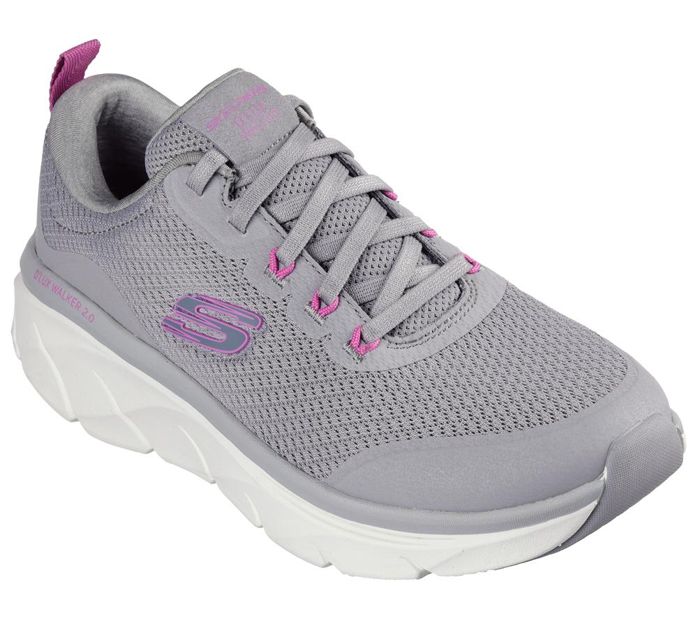 Women Skechers Relaxed Fit: D'Lux Walker 2.0 - Radiant Rose Lace Up Shoes Grey / Purple  USA |  8945-ABIKC