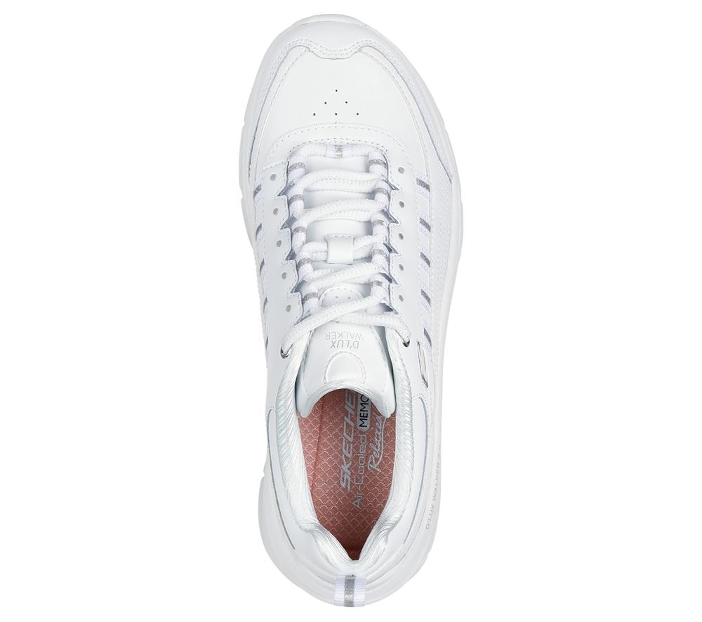 Women Skechers Relaxed Fit: D'Lux Walker 2.0 - Golden Step Lace Up Shoes White / Silver  USA |  7653-MXVJF