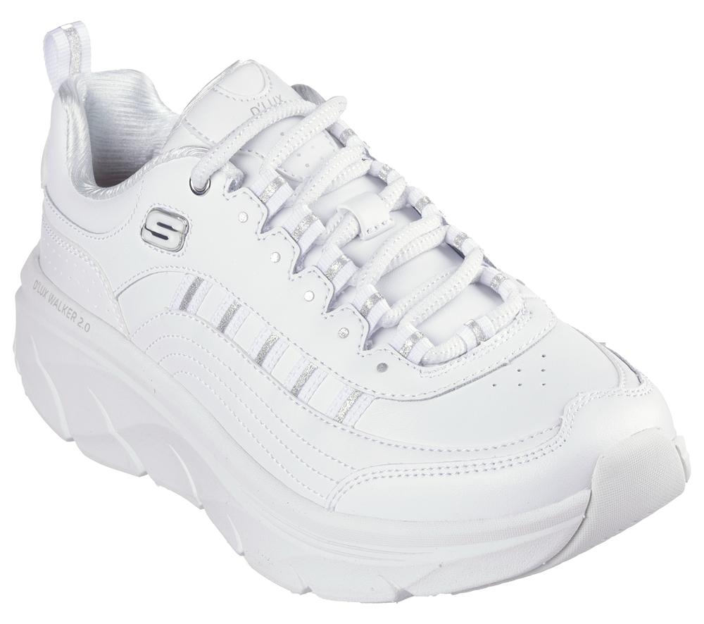 Women Skechers Relaxed Fit: D'Lux Walker 2.0 - Golden Step Lace Up Shoes White / Silver  USA |  7653-MXVJF