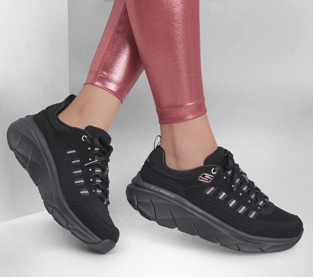 Women Skechers Relaxed Fit: D'Lux Walker 2.0 - Golden Step Lace Up Shoes Black / Rose Gold  USA |  7615-MJPLW