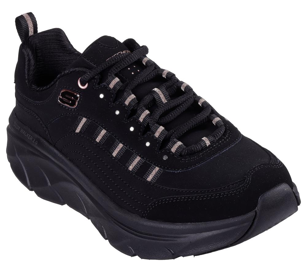 Women Skechers Relaxed Fit: D'Lux Walker 2.0 - Golden Step Lace Up Shoes Black / Rose Gold  USA |  7615-MJPLW