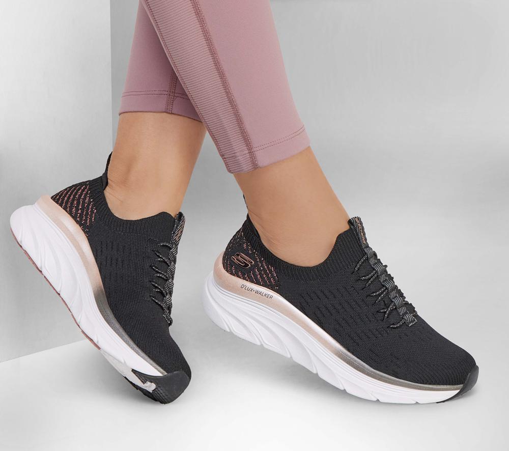Women Skechers Relaxed Fit: D'Lux Walker - Let it Glow Slip On Shoes Black / Rose Gold  USA |  0925-YAZHF