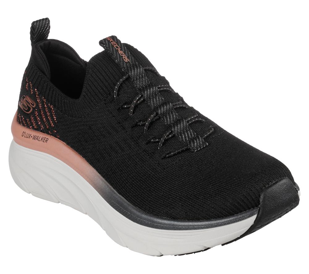 Women Skechers Relaxed Fit: D'Lux Walker - Let it Glow Slip On Shoes Black / Rose Gold  USA |  0925-YAZHF