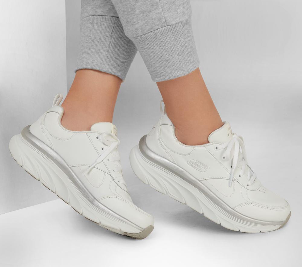 Women Skechers Relaxed Fit: D'Lux Walker - Timeless Path Lace Up Shoes White / Silver  USA |  3901-QCHJT