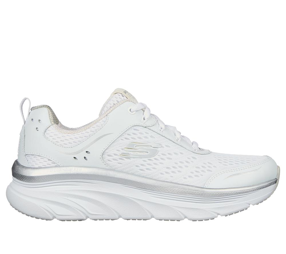 Women Skechers Relaxed Fit: D\'Lux Walker - Infinite Motion Lace Up Shoes White / Silver  USA |  0261-KPGSX