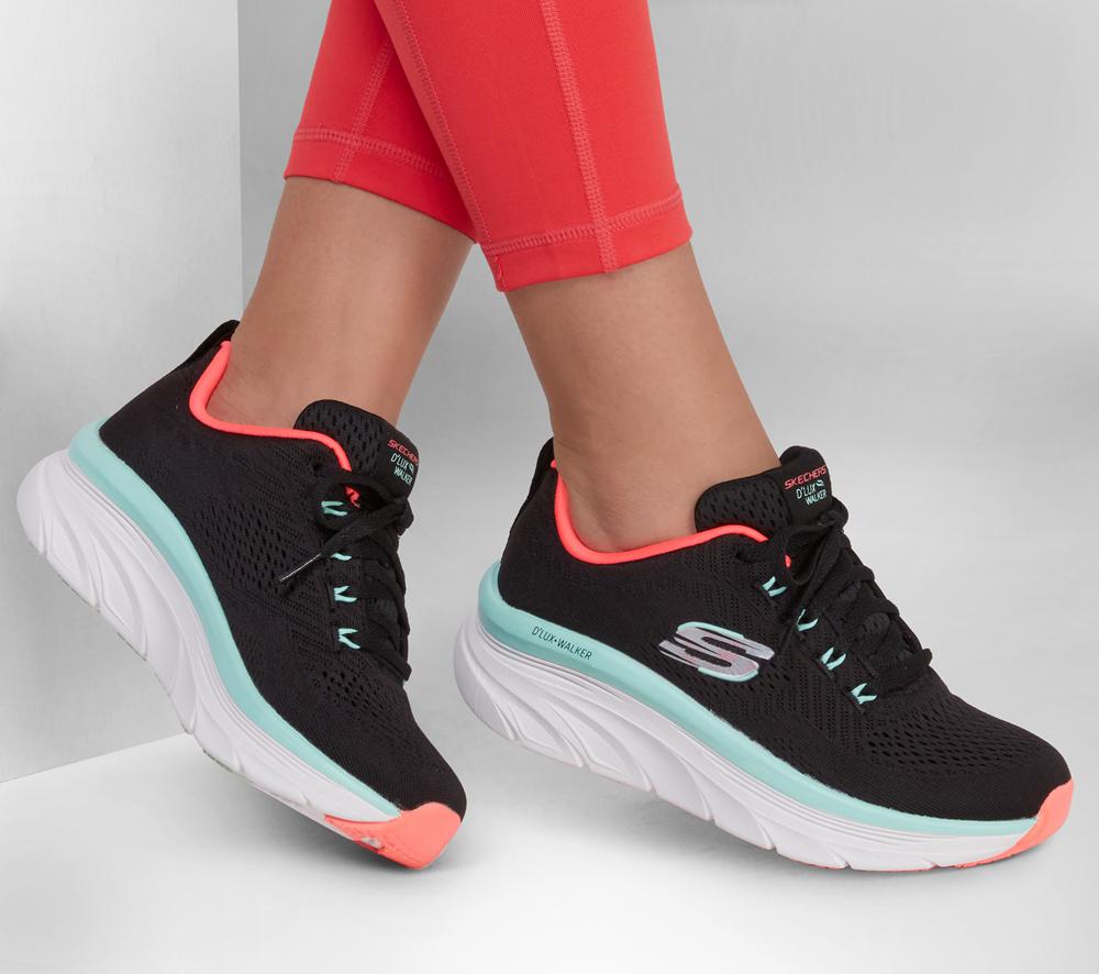 Women Skechers Relaxed Fit: D'Lux Walker - Fresh Finesse Lace Up Shoes Black / Mint  USA |  7831-MFGQP