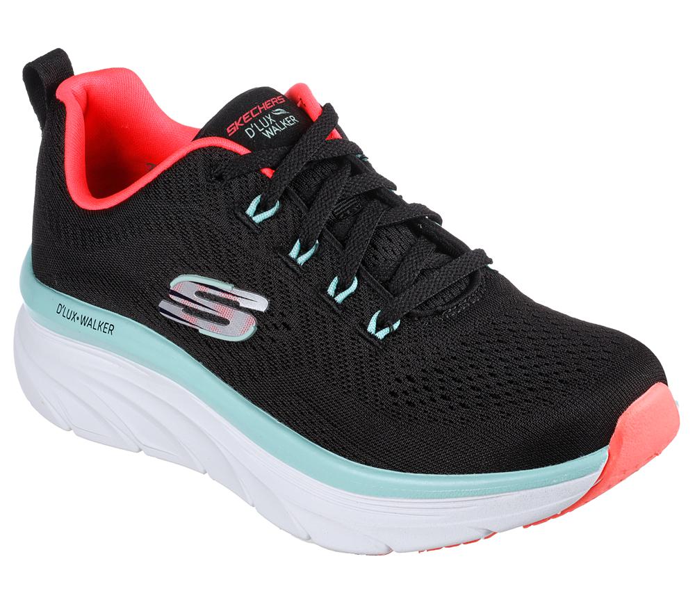 Women Skechers Relaxed Fit: D'Lux Walker - Fresh Finesse Lace Up Shoes Black / Mint  USA |  7831-MFGQP