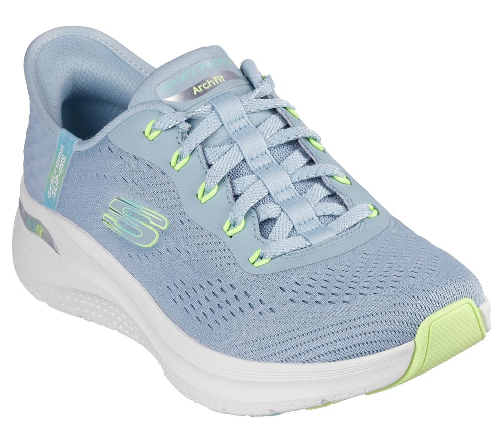 Women Skechers Slip-ins: Arch Fit 2.0 - Easy Chic Slip On Shoes Blue / Lime  USA |  4908-VSFTL