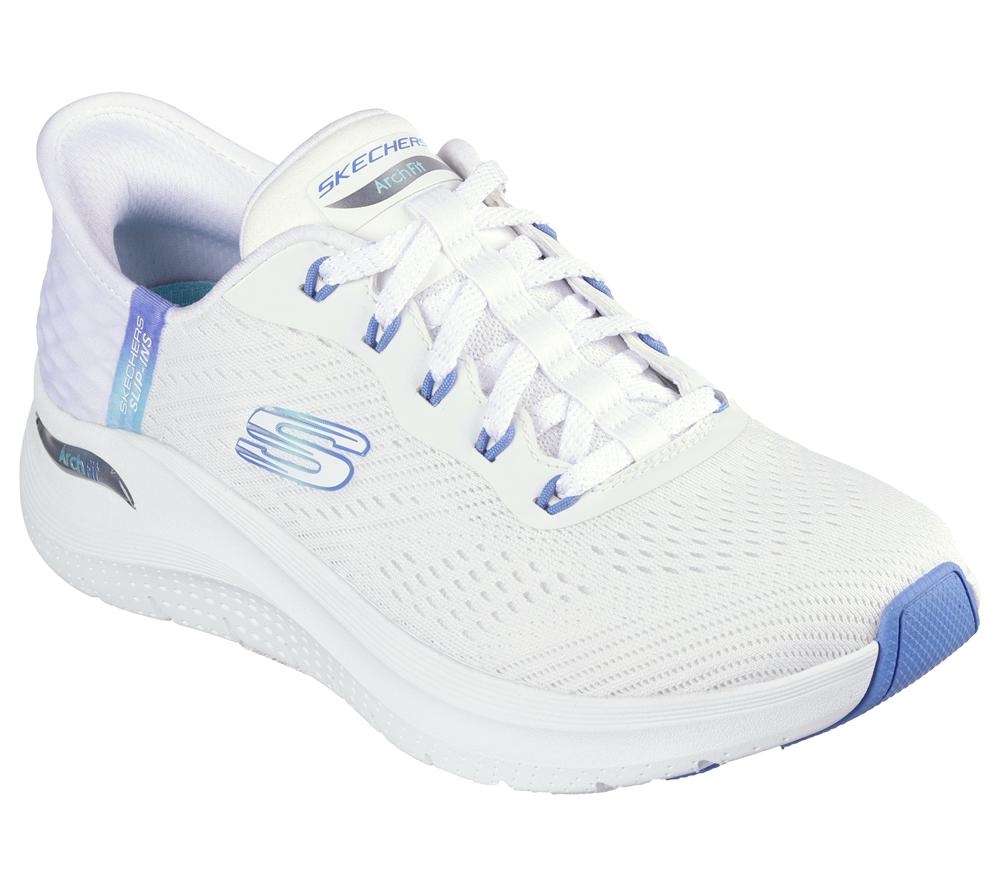 Women Skechers Slip-ins: Arch Fit 2.0 - Easy Chic Hands Free Slip Ins White / Blue  USA |  8729-RYHWZ