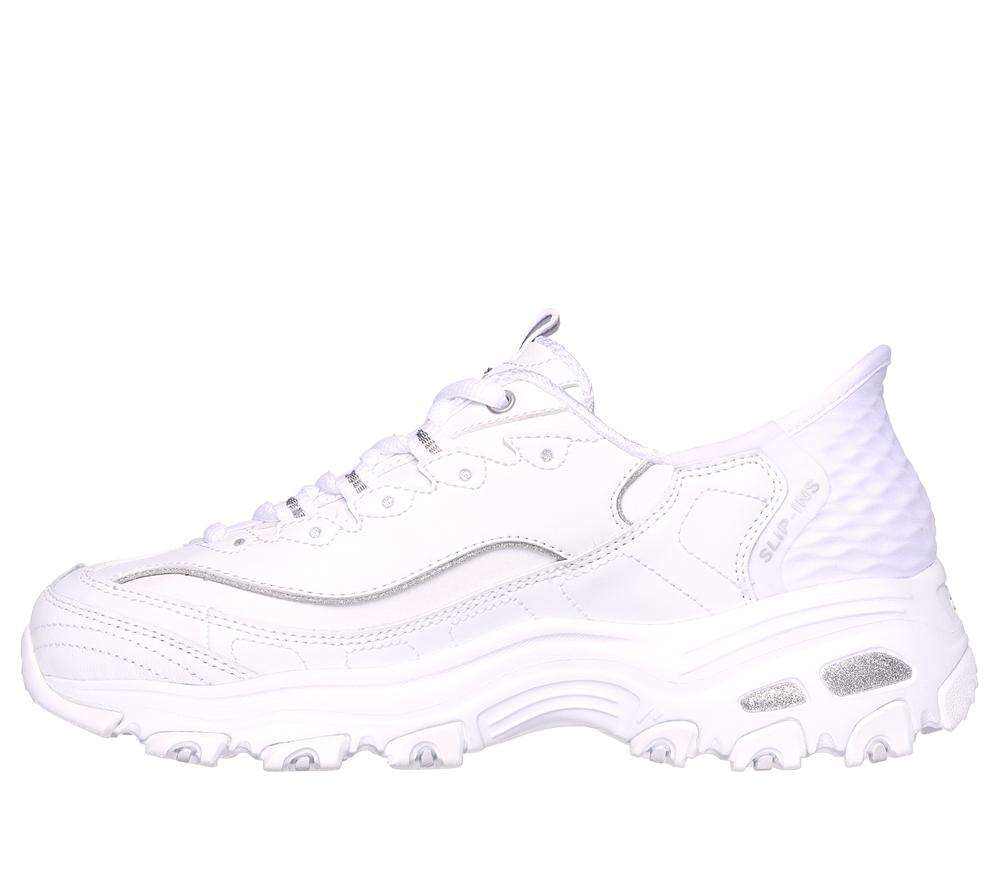 Women Skechers Slip-ins: D'Lites - New Scene Hands Free Slip Ins White / Silver  USA |  6529-DSMIW