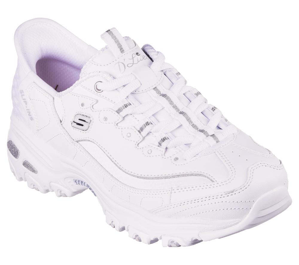 Women Skechers Slip-ins: D'Lites - New Scene Hands Free Slip Ins White / Silver  USA |  6529-DSMIW