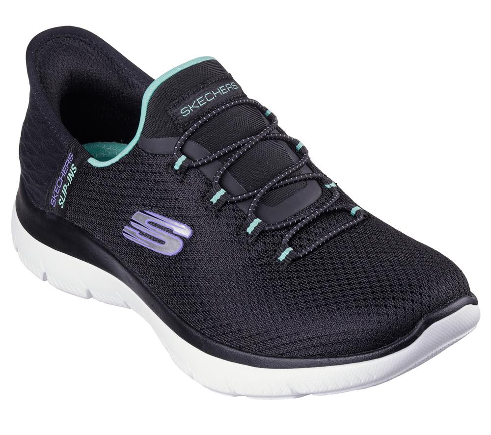 Women Skechers Slip-ins: Summits - Diamond Dream Hands Free Slip Ins Black / Turquoise  USA |  9380-RJYST