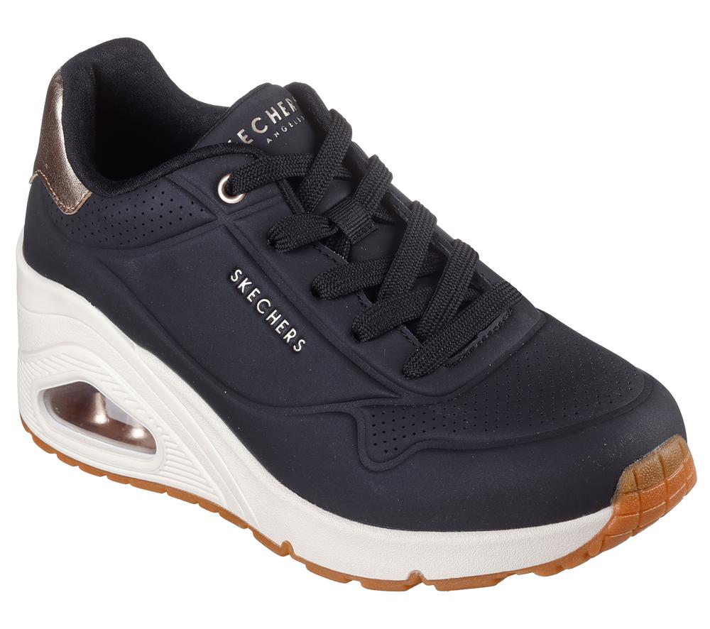 Women Skechers Uno Wedge - HI Steps Lace Up Shoes Black  USA |  2508-DVWPX