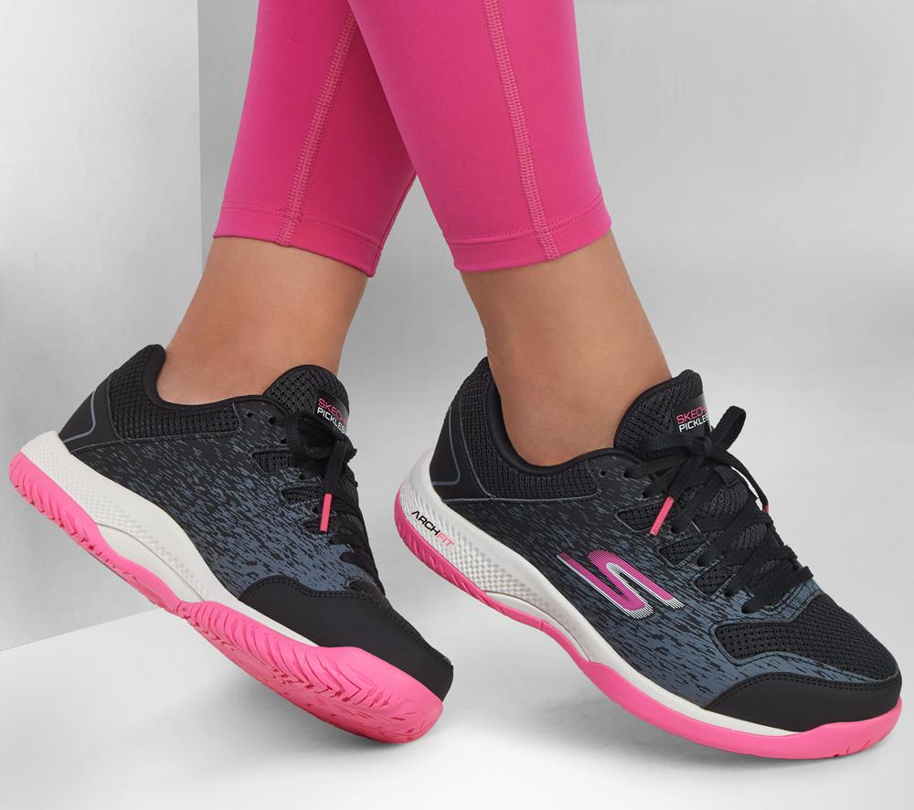 Women Skechers Viper Court - Pickleball Lace Up Shoes Black / Pink  USA |  8450-MDAHP
