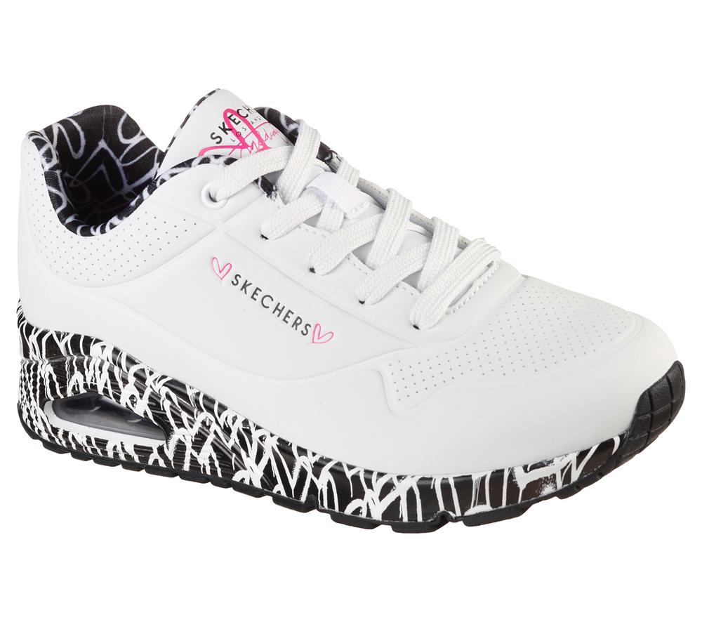 Women Skechers x JGoldcrown: Uno - Loving Love Wedges White / Black  USA |  5217-XILFP
