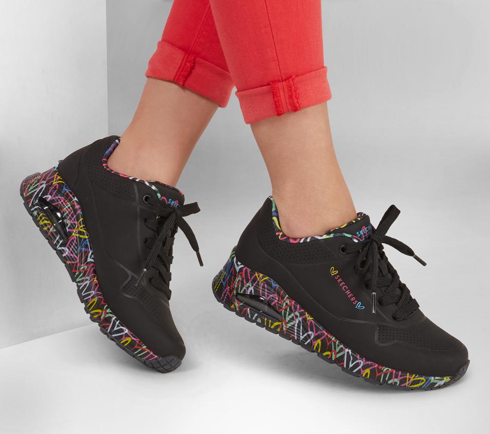 Women Skechers x JGoldcrown: Uno - Loving Love Lace Up Shoes Black  USA |  0731-ARTVL