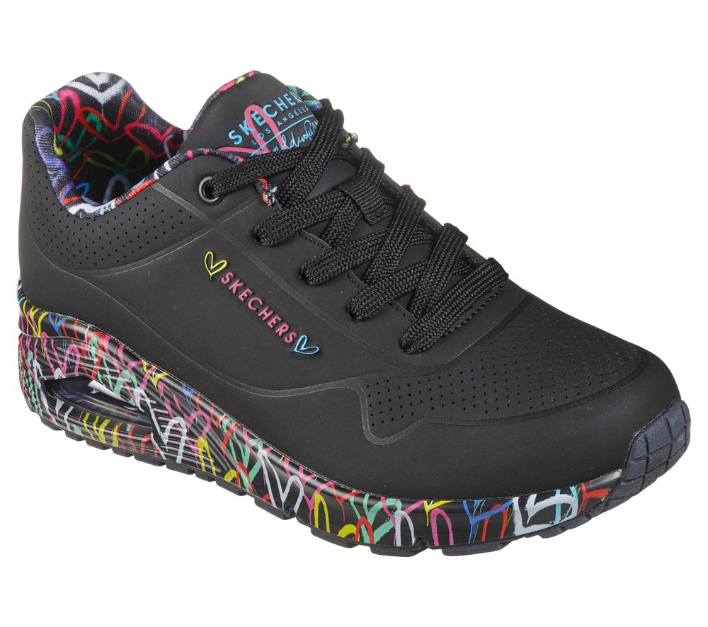Women Skechers x JGoldcrown: Uno - Loving Love Lace Up Shoes Black  USA |  0731-ARTVL