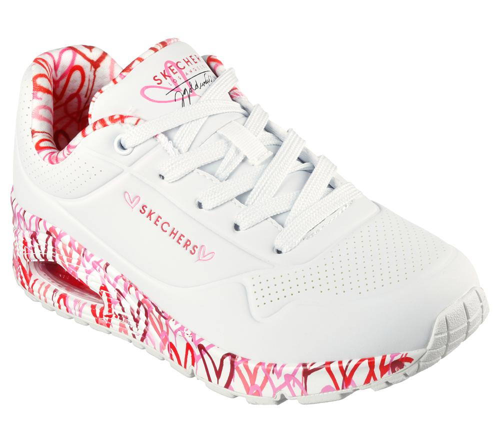 Women Skechers x JGoldcrown: Uno - Loving Love Sneakers White / Red / Pink  USA |  8230-MTPQI