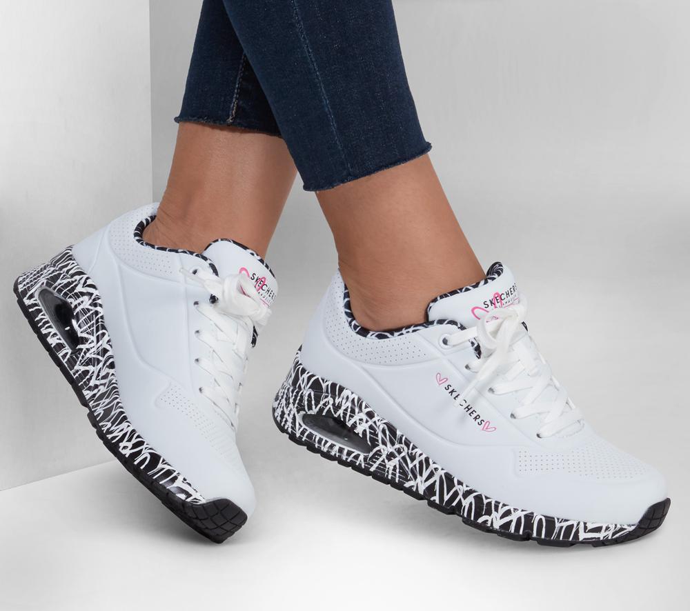 Women Skechers x JGoldcrown: Uno - Loving Love Sneakers White / Black  USA |  2346-ARFXM
