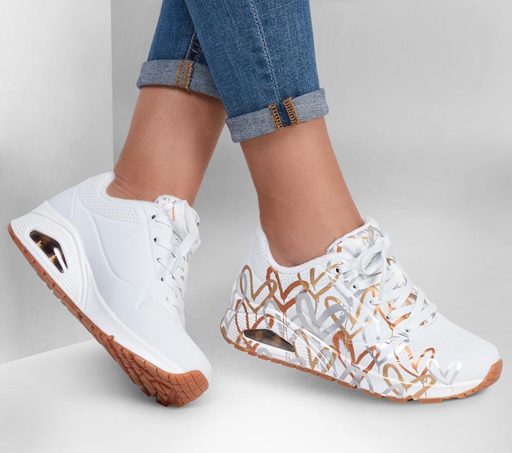 Women Skechers x JGoldcrown: Uno - Metallic Love Wedges White / Gold  USA |  1703-SCWGY