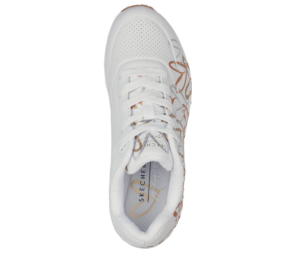 Women Skechers x JGoldcrown: Uno - Metallic Love Wedges White / Gold  USA |  1703-SCWGY