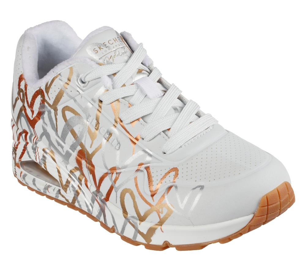 Women Skechers x JGoldcrown: Uno - Metallic Love Wedges White / Gold  USA |  1703-SCWGY
