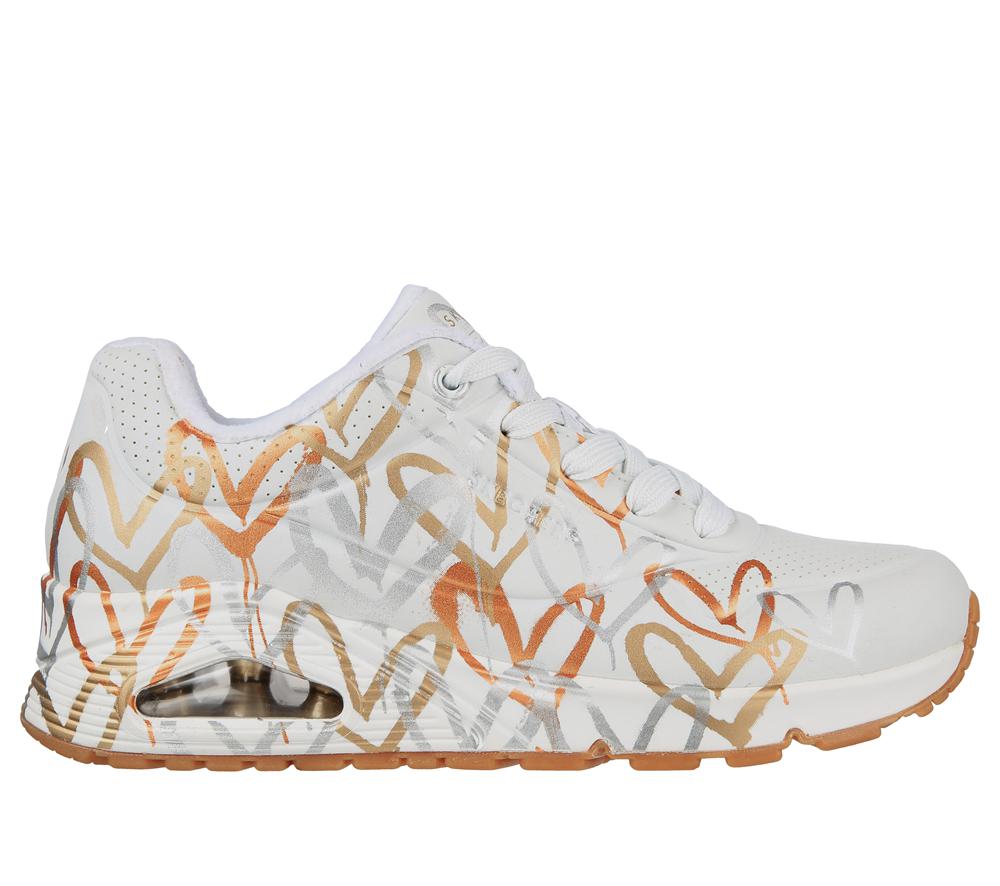 Women Skechers x JGoldcrown: Uno - Metallic Love Wedges White / Gold  USA |  1703-SCWGY