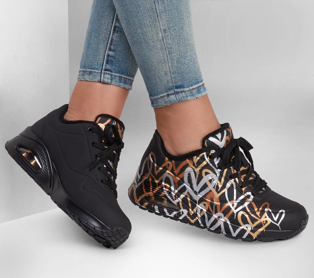 Women Skechers x JGoldcrown: Uno - Metallic Love Wedges Black / Gold  USA |  9760-TKHXV