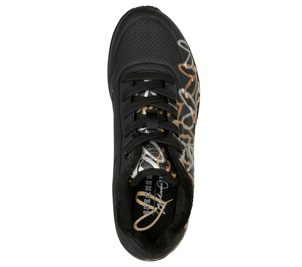 Women Skechers x JGoldcrown: Uno - Metallic Love Wedges Black / Gold  USA |  9760-TKHXV
