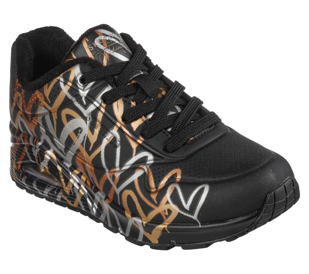 Women Skechers x JGoldcrown: Uno - Metallic Love Wedges Black / Gold  USA |  9760-TKHXV