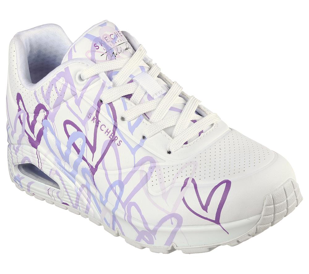 Women Skechers x JGoldcrown: Uno - Spread the Love Wedges White / Light Purple  USA |  0526-YNEOR