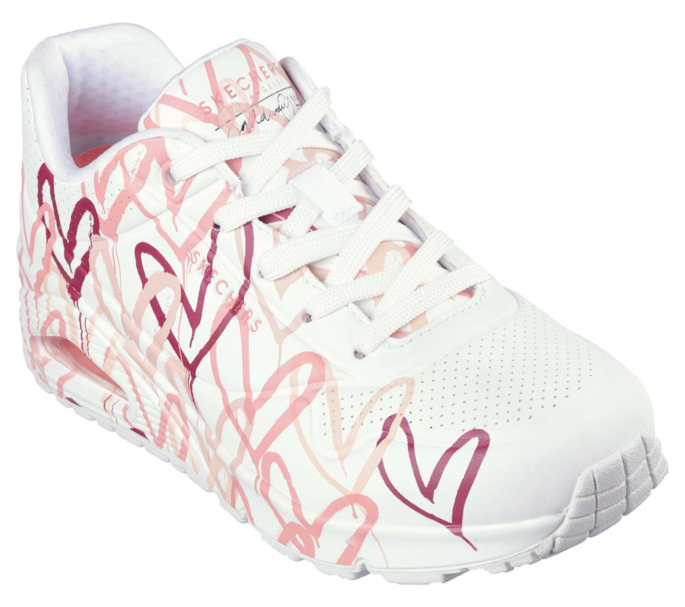 Women Skechers x JGoldcrown: Uno - Spread the Love Wedges White / Coral  USA |  3965-KYFNJ