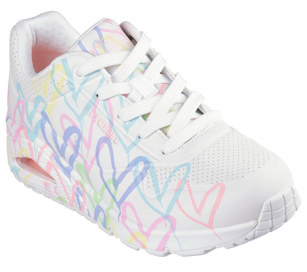 Women Skechers x JGoldcrown: Uno - Spread the Love Sneakers White / Pink Turquoise  USA |  1598-HIYRM